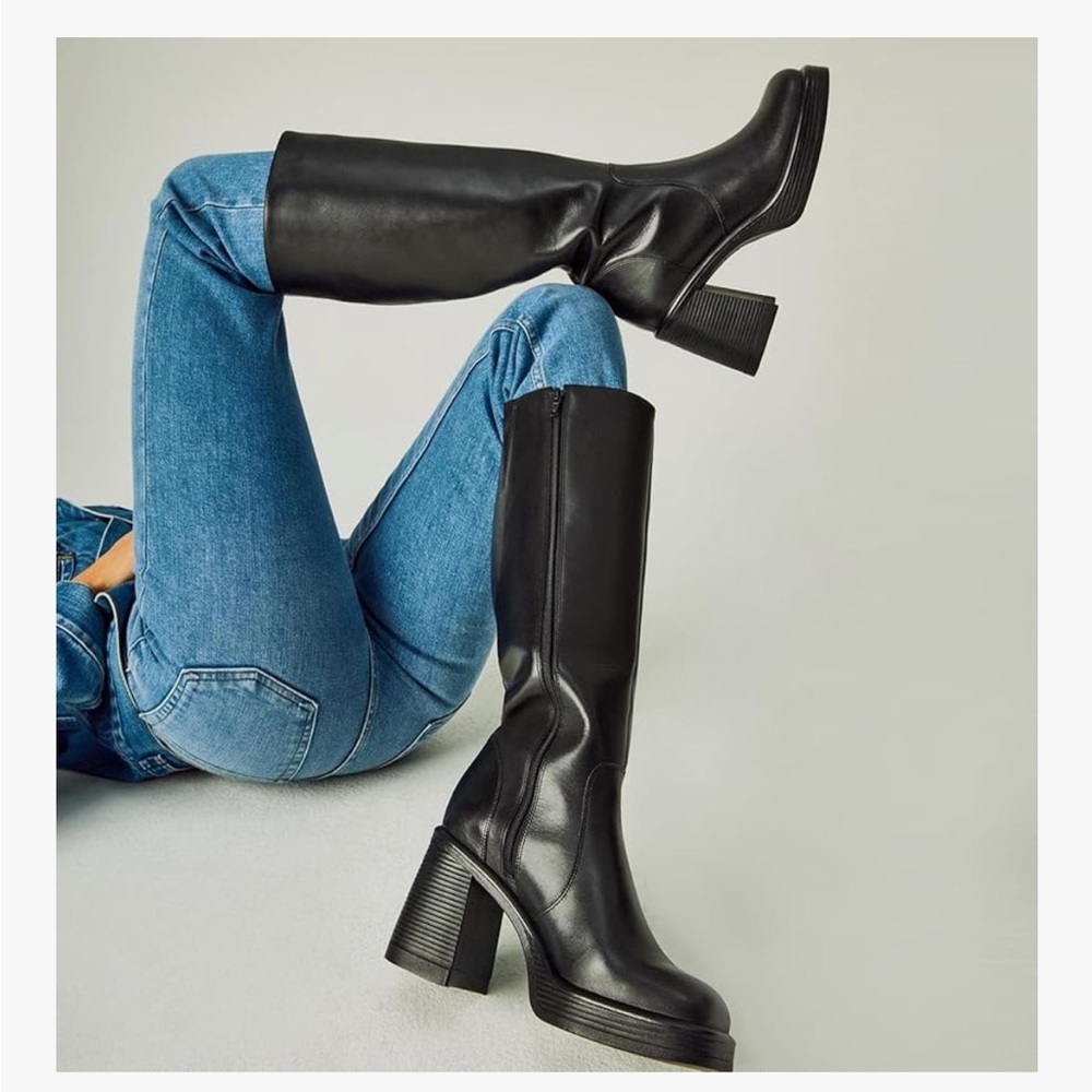 Platform knee high square toe boots